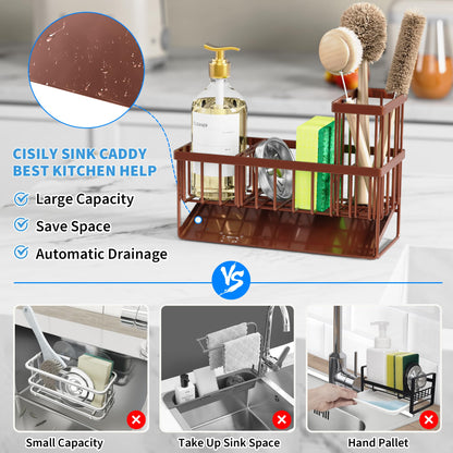 Cisily Kitchen Sink Caddy Organzier with High Brush Holder, Sponge Holder for Sink, 304 Rustproof Stainless, Kitchen Countertop Soap Dispenser Organizer, Kitchen Decor and Accessories