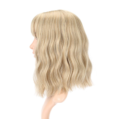 FAELBATY Blonde & Gold Bob Wig - Loose Wave, Air Bangs, Shoulder Length, Curly Wavy Synthetic, Mix Colors, 12"