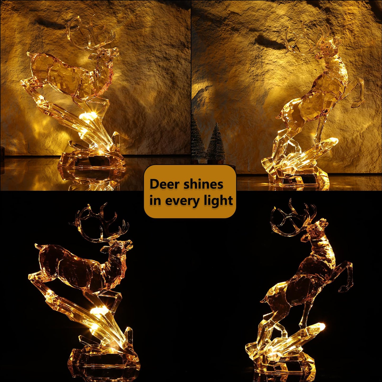 LCCCK Gold Clear Acrylic Large Deer Figurine, 11.8" Tall Reindeer Christmas Decoration, High End Deer Statue with Glass-Like Crystal Finish, for Christmas Indoor Table Top or Gift -with LED Light