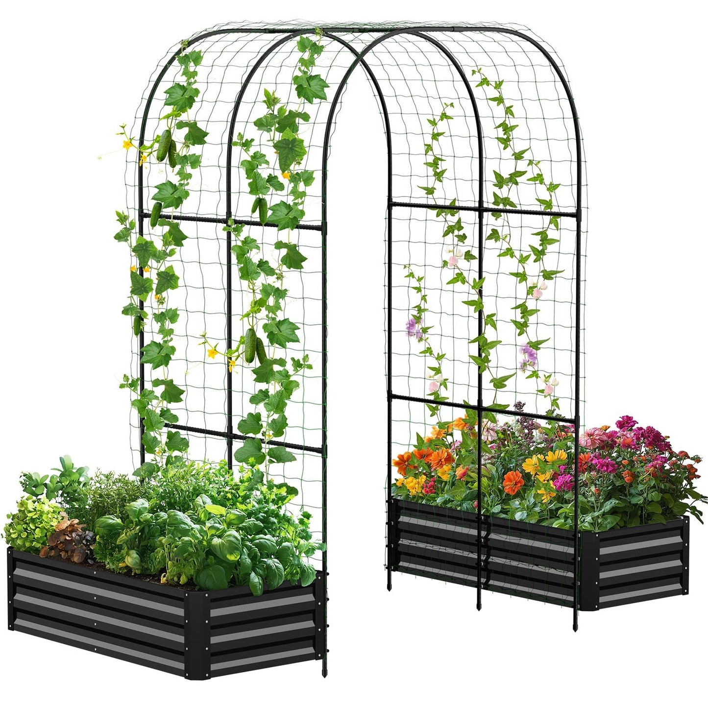 DoCred 3 in 1 Galvanized Raised Garden Bed, 2Pcs Garden Planter Box with 87" H Trellis for Climbing Plants, Outdoor Gardening Raised Beds with Climbing Net for Fruits, Vegetables, Flower (Black)
