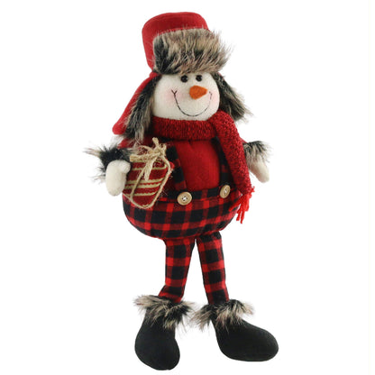 Houwsbaby Christmas Decoration Handmade Plush Snowman Figurines Hold a Gift in Overalls Home Desktop Collectible Stuffed Dolls Holiday Party Supplies Sitting Table Ornament Red 17''