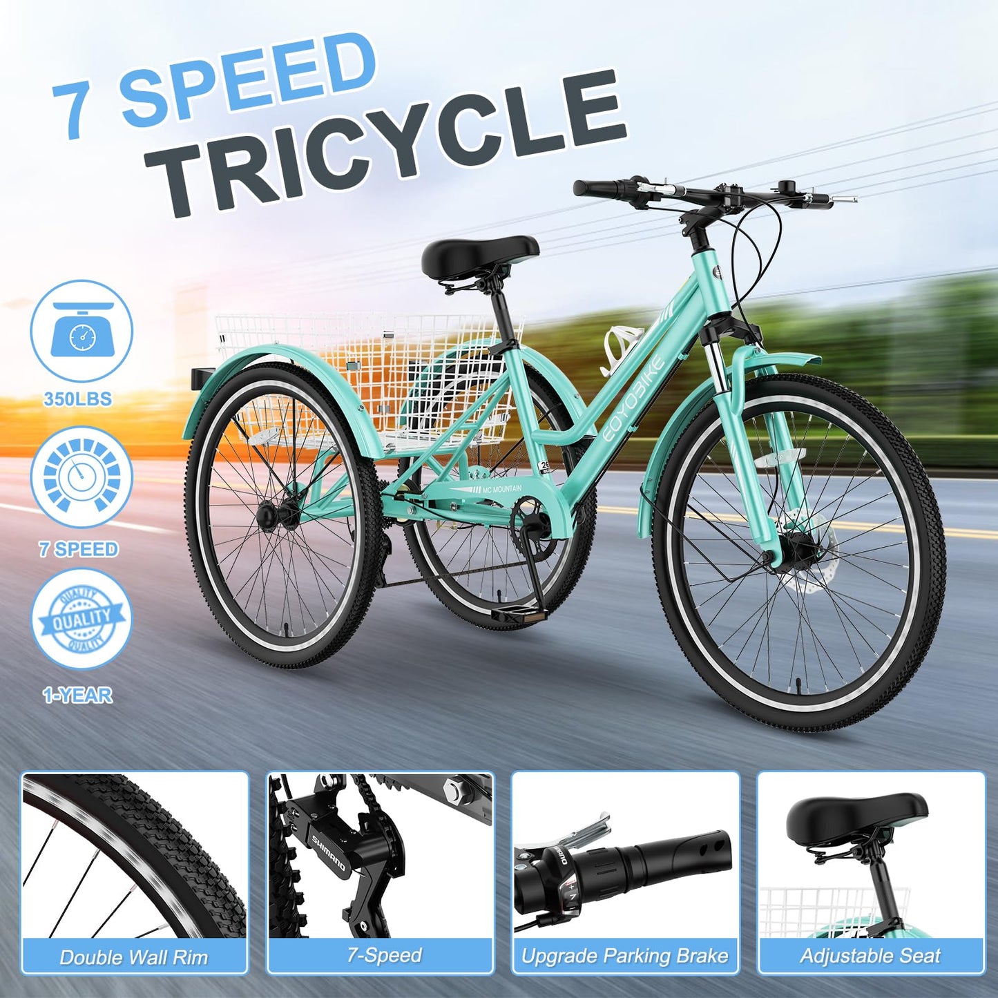 Slsy Adult Mountain Tricycle, 7 Speed Three Wheel Bike, 24/26 Inch Adults Trikes for Seniors with Shopping Basket, Exercise Men's Women's Tricycles