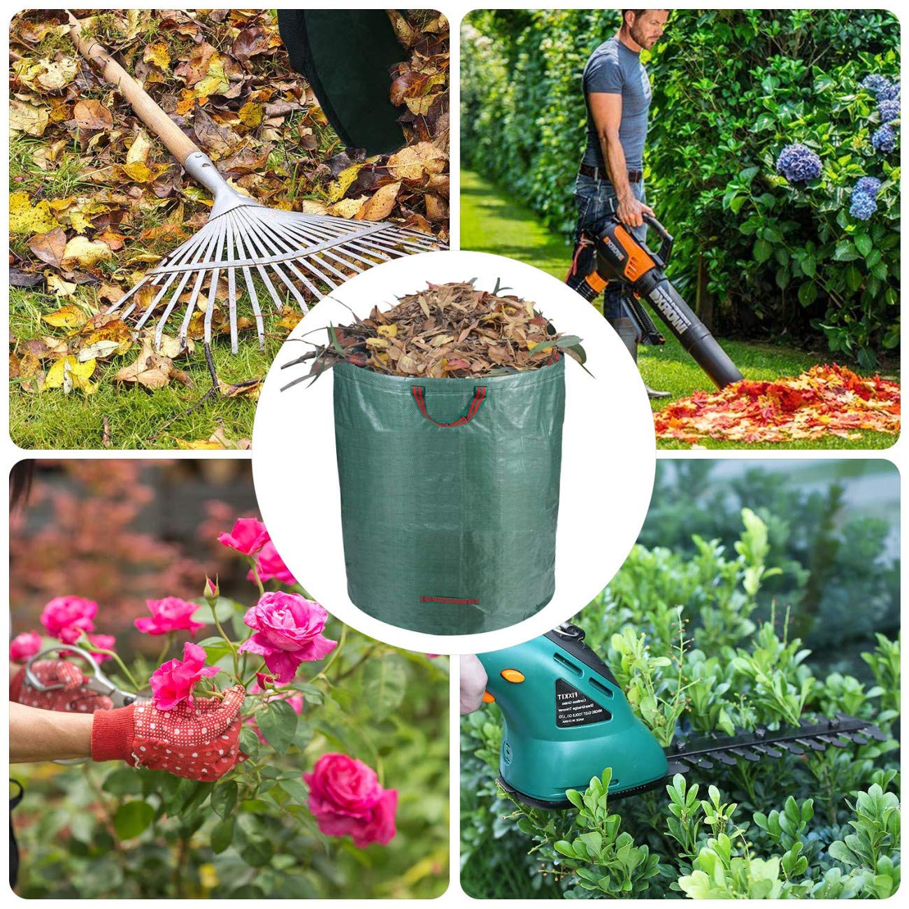 3Pcs 272L Heavy Duty Large Garden Waste Bags (H76cm,D67cm)&1 Gardening Gloves,Refuse Bags Garden Rubbish Bag Reusable Garden Waste Sacks,Grass Cutting Bags Leaf Bags Gardening Bags Sacks with Handles