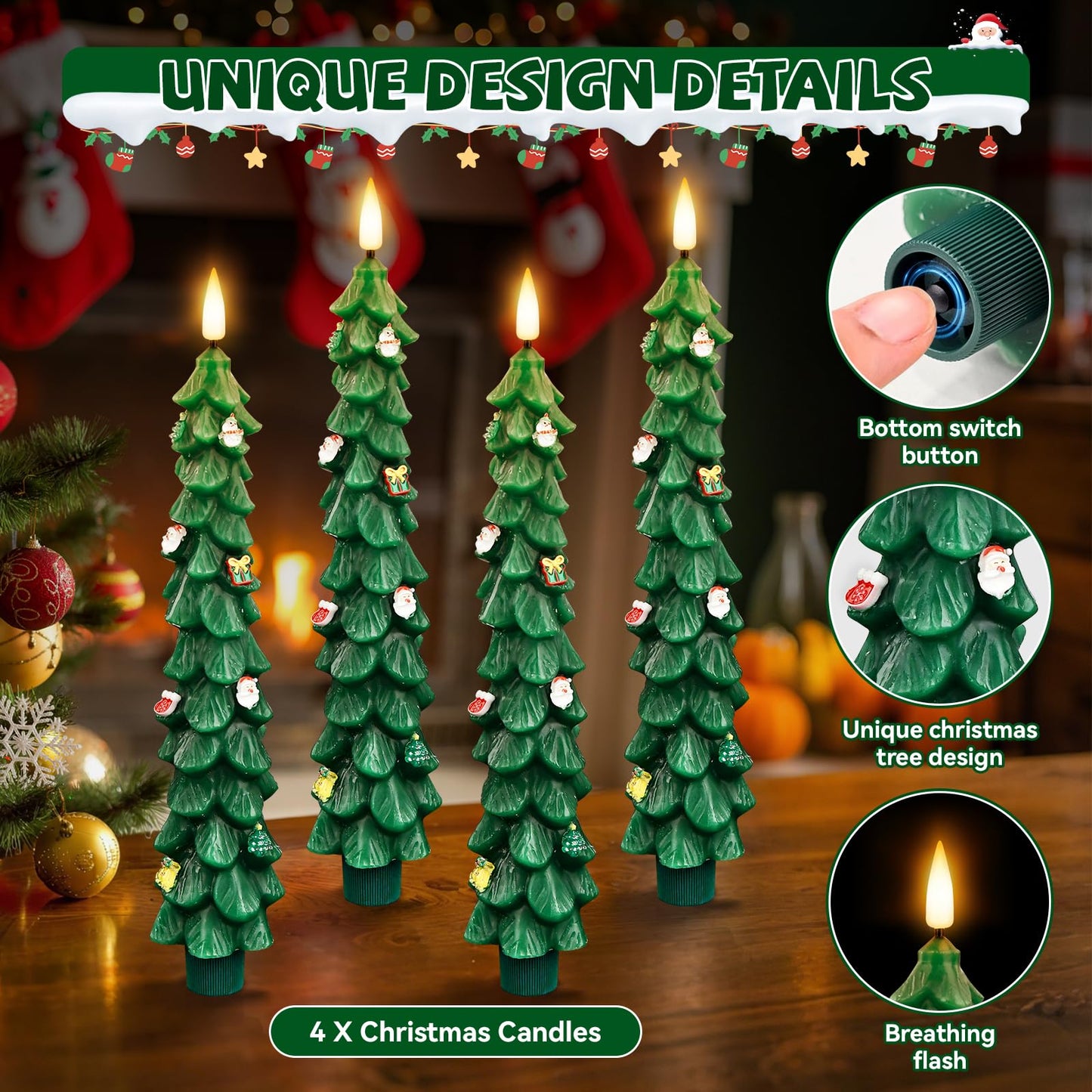 ZLCYFJIXV Flameless Christmas Tree Candles with Remote, 4 Pack 9.8” LED Battery Operated Taper Candles, Green 3D Sticker Flickering Candlesticks for Holiday Home Decoration