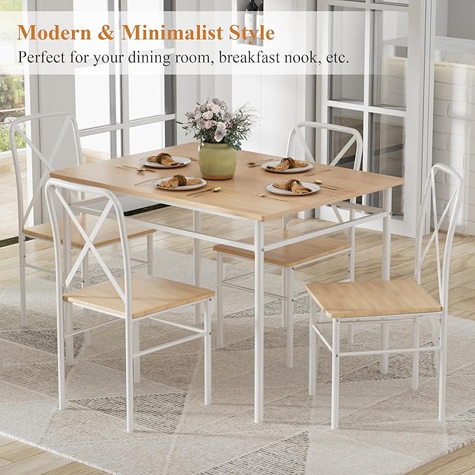 VECELO Dining Table Set for 4, 5-Piece Wood Kitchen Table