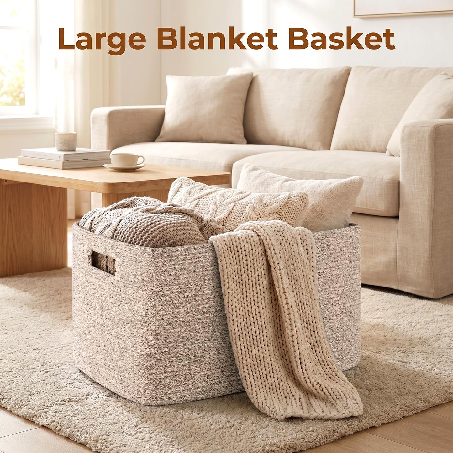 OIAHOMY 75L Large Woven Cotton Rope Storage Basket with Handle for Organizing Blanket and Toys for Living Room, Nursery, Brown Variegated 22”x17”x12”
