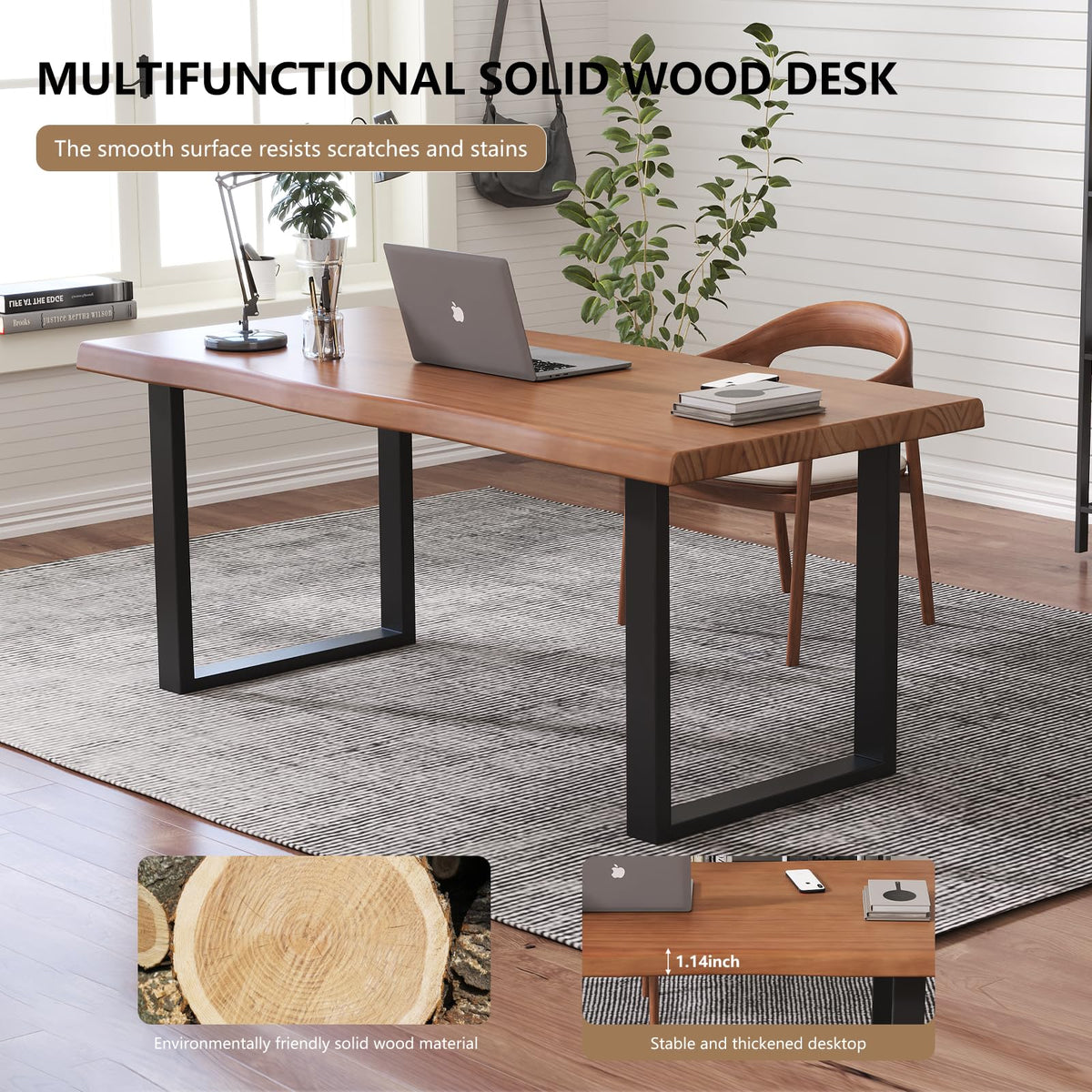 KunAndPeng Solid Wood Office Desk, 47.24" Tan Executive Computer Desk with Heavy-Duty Metal Base, Multi-Purpose Desk/Dining Table, Ideal for Home Office & Work Environments