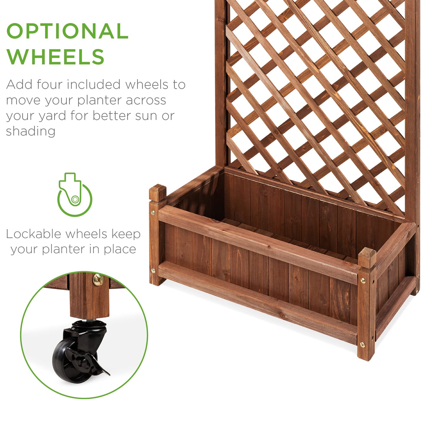 Best Choice Products 48in Wood Planter Box & Diamond Lattice Trellis, Mobile Outdoor Raised Garden Bed for Climbing Plants w/Drainage Holes, Optional Wheels - Walnut