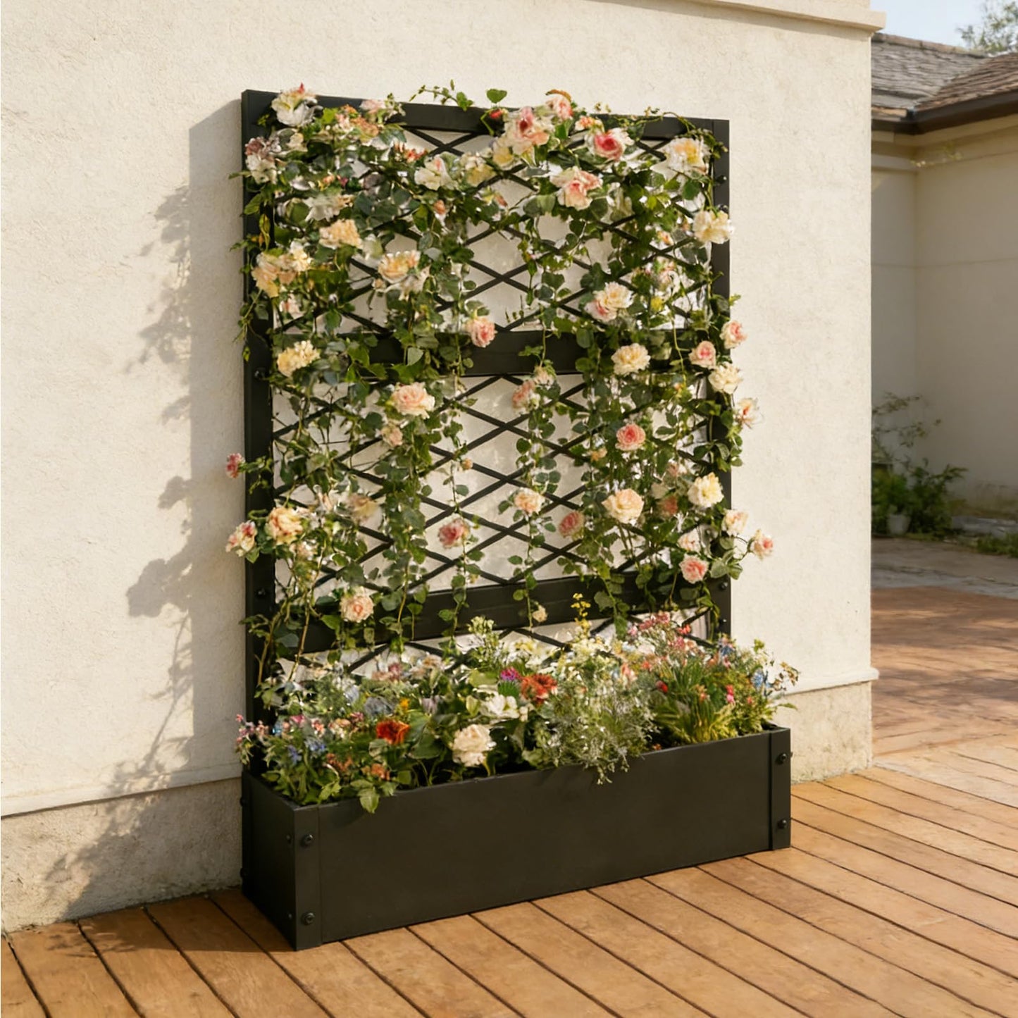 aboxoo 59 inch Metal Planter Planter Box with Privacy Screen Trellis Outdoor Raised Garden Bed Standing Garden Flower Bed with Drainage Holes(Black)