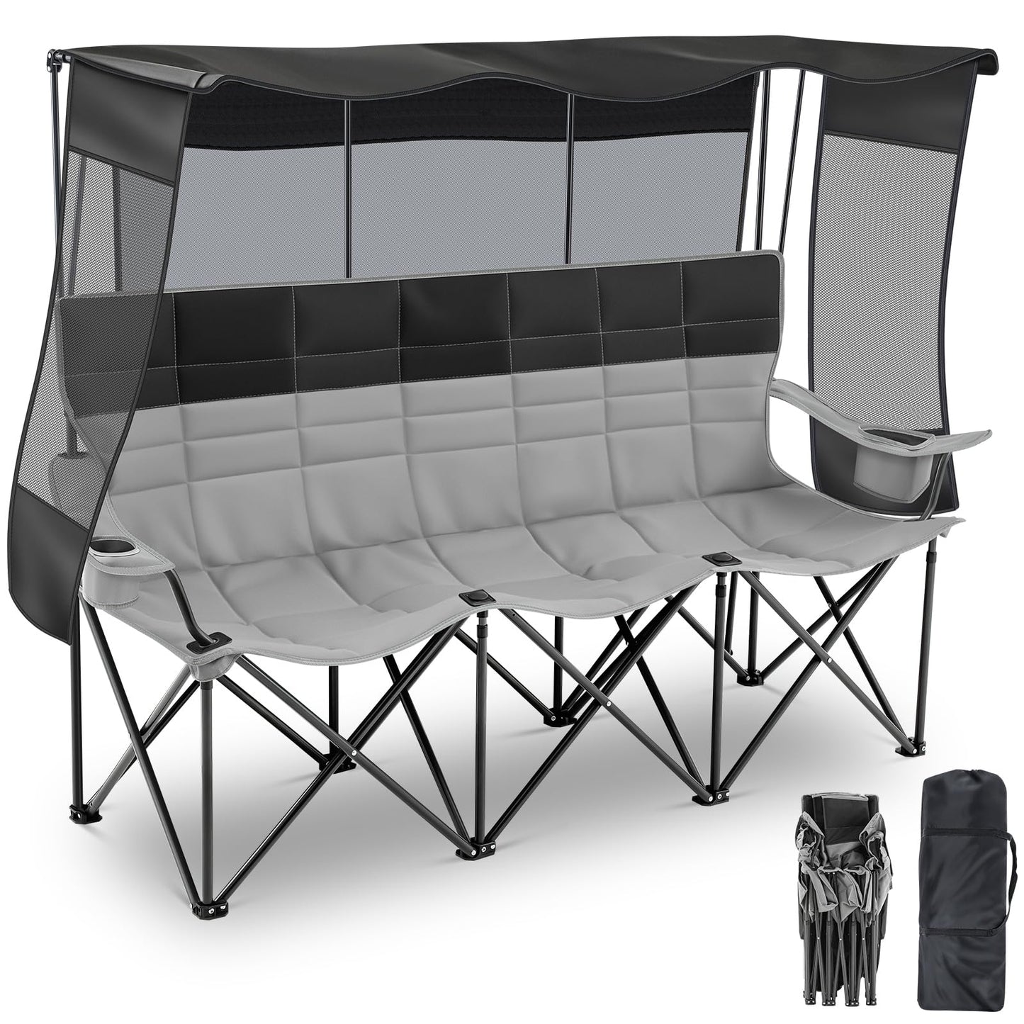 Teenyyou 3 Person Camping Chair with Canopy Shade -Oversized Beach Chair with UV Sun Protection, 700lbs Heavy Duty Foldable Loveseat with 2 Cup Holder & Storage for Beach Lawn Outdoor(Black and Grey)