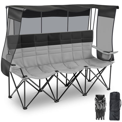 Teenyyou 3 Person Camping Chair with Canopy Shade -Oversized Beach Chair with UV Sun Protection, 700lbs Heavy Duty Foldable Loveseat with 2 Cup Holder & Storage for Beach Lawn Outdoor(Black and Grey)