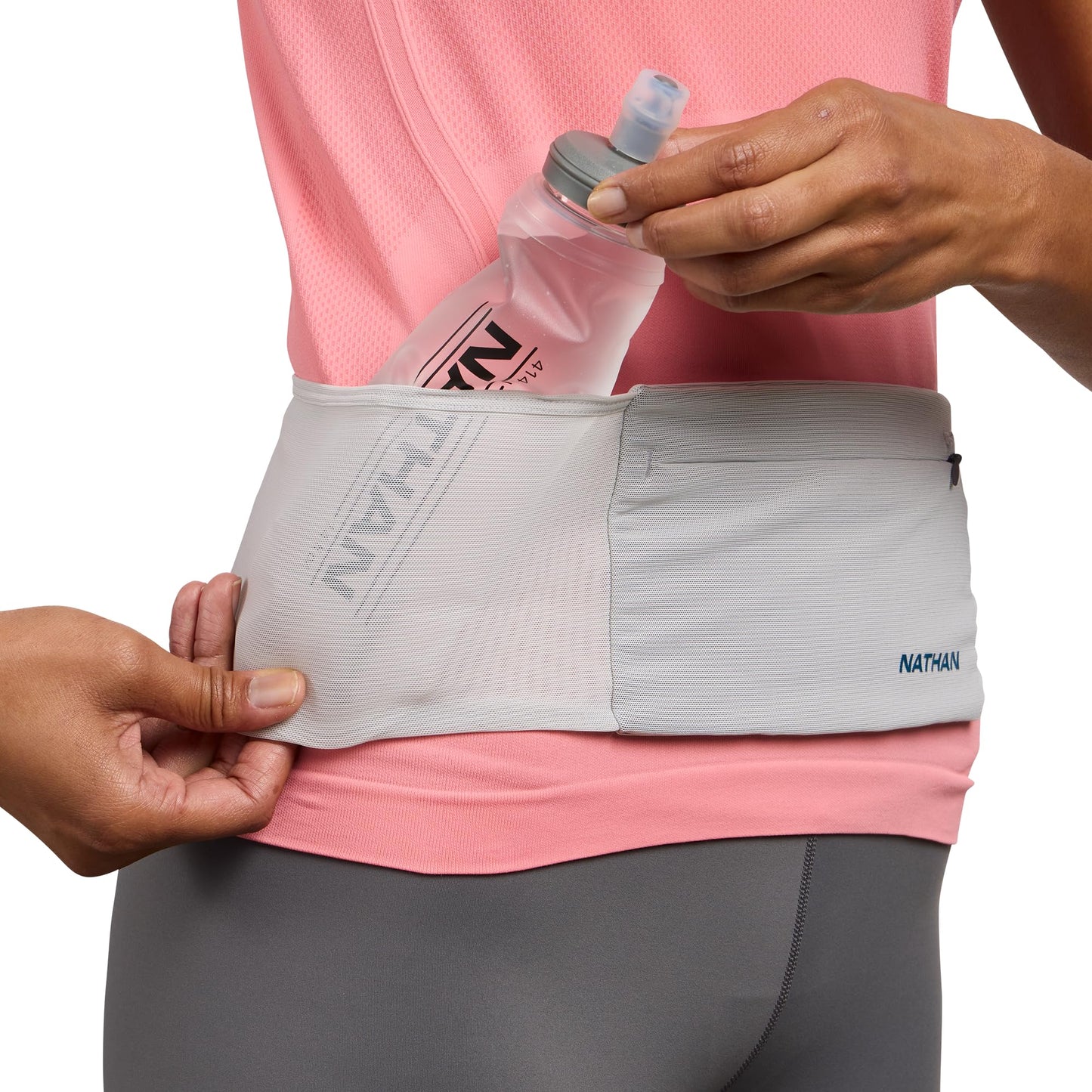 Nathan Zipster Max Running Belt, Running Belts for Women and Men, Bounce-Free Waist Pack with Extra Large Zipper Pocket, Smartphone Storage, Walking, Gym, Hiking - Vapor Grey/Sailor Blue - X-Large