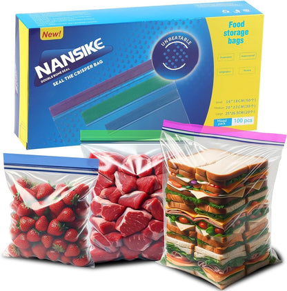 100-Pack Food Storage Freezer Bags - 3 Sizes, Reusable with Zipper Lock for Fruit and Veggies, Microwave and Freezer Safe, No BPA - Strong Seal, Easy to Fill for Lunch, Snacks, and Meals