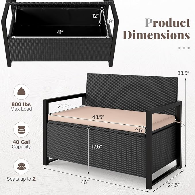 Tangkula 40 Gallon Outdoor Bench with Storage, Patio Wicker Storage Bench with Cushion, Cover, Metal Frame, Deck Box Seat for Backyard, Poolside, Balcony, Garden