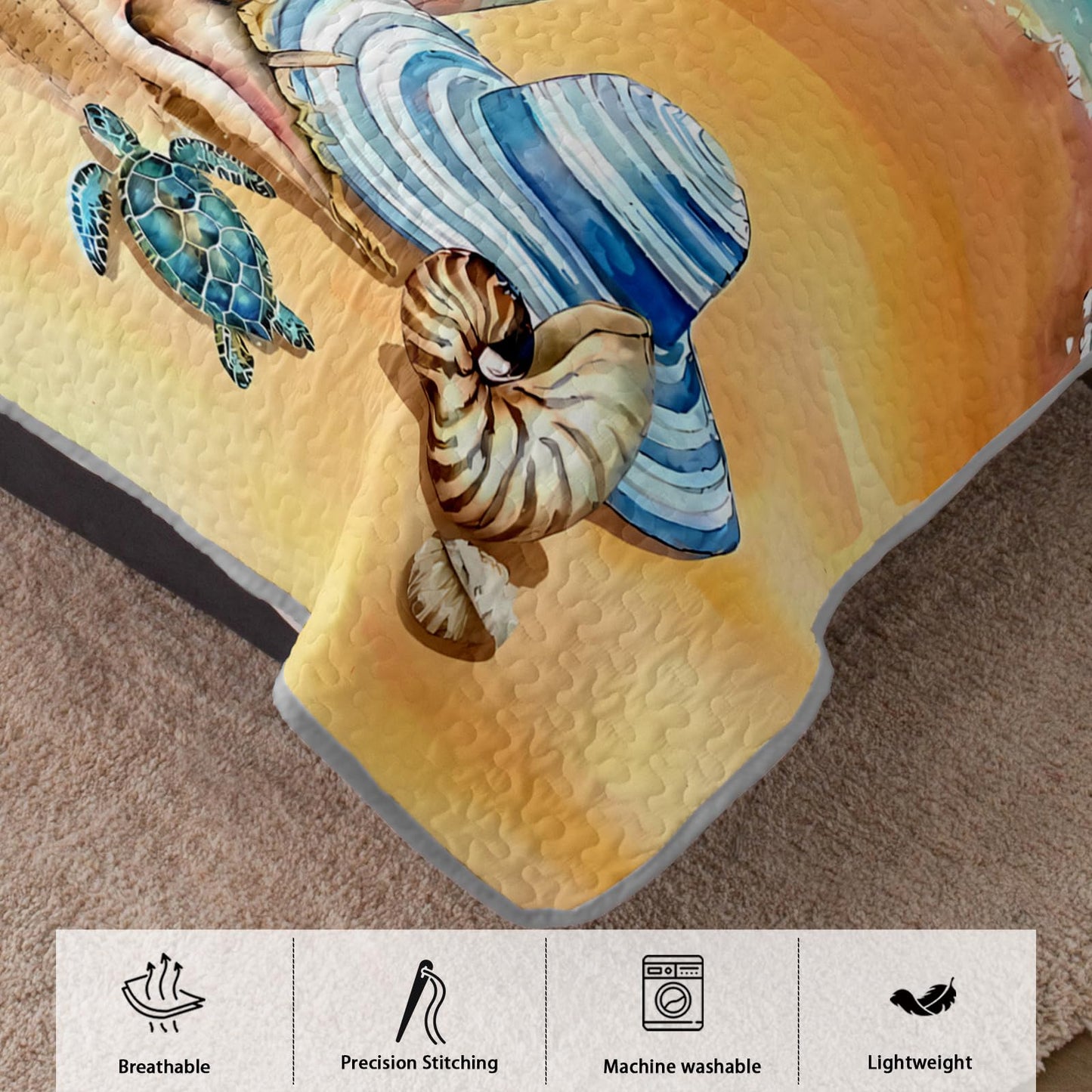AILONEN Ocean Beach Bedding Quilt Set Queen Size,Tropical Boat Anchor Surfboard Theme Bedspread Coverlet,Blue Soft Lightweight (Quilt,2 Pillowcases)