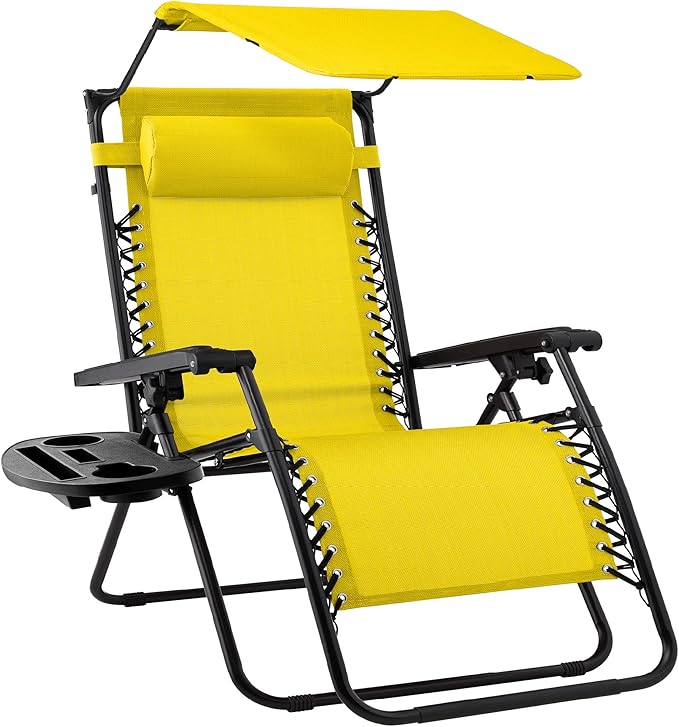 Best Choice Products Folding Zero Gravity Outdoor Recliner Patio Lounge Chair w/Adjustable Canopy Shade, Headrest, Side Accessory Tray, Textilene Mesh - Sunflower Yellow