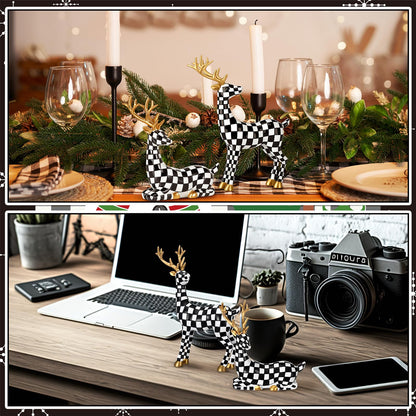 Yookeer 2 Pcs Christmas Reindeer Decoration Small Black and White Grid Deer Figurines Christmas Tabletop Reindeer Statue Centerpiece Ornaments for Mantel Fireplace Living Room Bedroom Decor