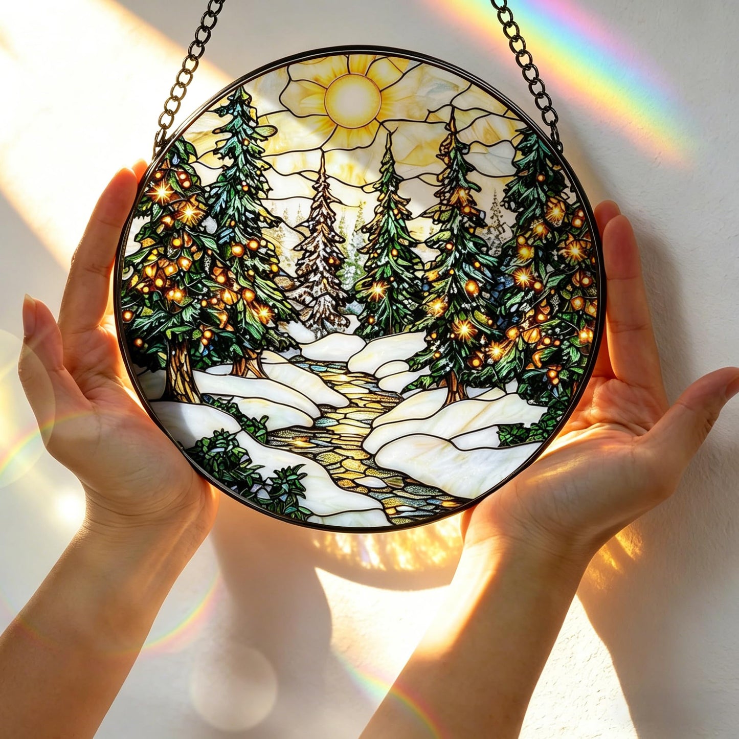Stained Glass Window Hanging, 7.8 Inch Winter Forest Stained Glass Suncatcher, Window Hanging Decor, Christmas Landscape Ornament, Gifts for Women, Men & Nature Lovers, Gifts for Christmas & Holiday