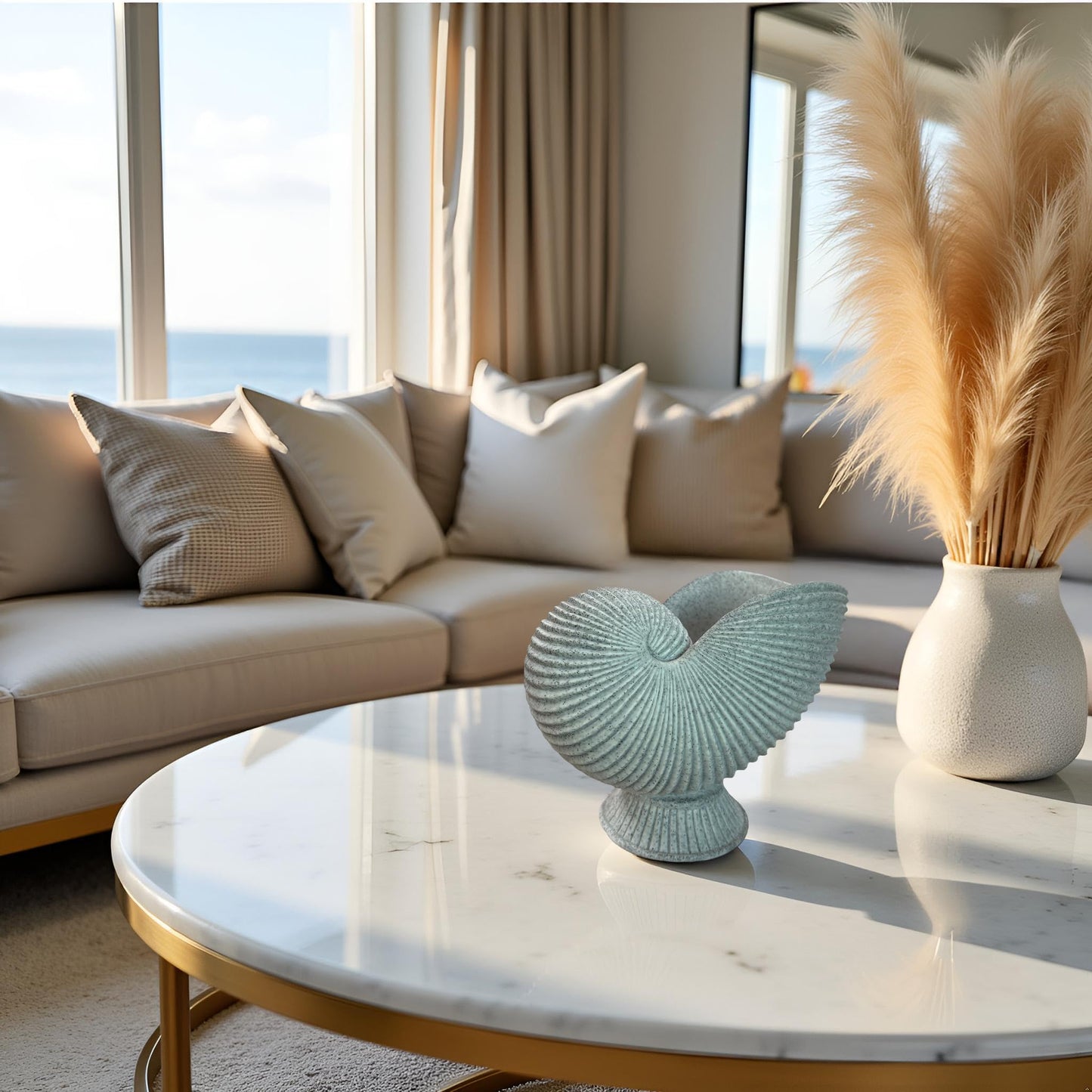 Dwelloria Nautilus Shell Sculpture – Gray White Resin Spiral Shell Decor, Modern Coastal Home Accent