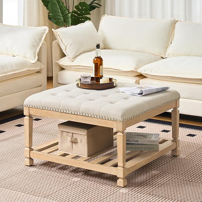 Befurtori Large Square Ottoman Coffee Table, Linen Solid Upholstered Footrest