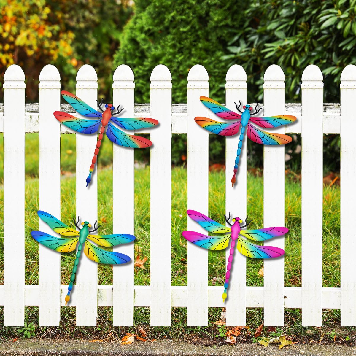 Large Metal Dragonfly Wall Decor, 4 Pack 13 inch Metal Dragonflies Wall Art Hanging Sculpture Decorations for Outdoor, Yard Patio Fence Garden Outside Decor