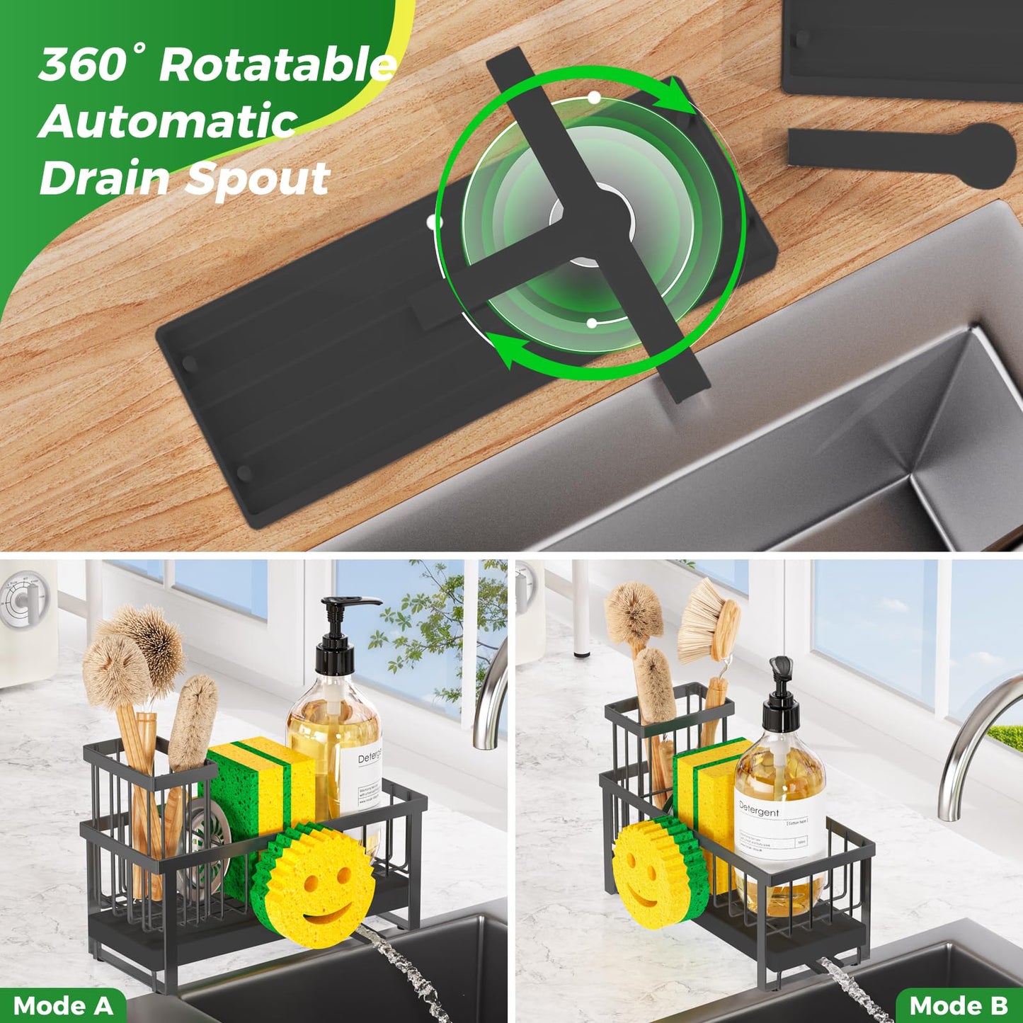 Taugast Sponge Holder for Kitchen Sink,Sink Caddy with Removable Dish Brush Holder,Self-Draining Kitchen Countertop Organizers and Storage Essentials,Soap Dispenser Organize and Home Decor-Black