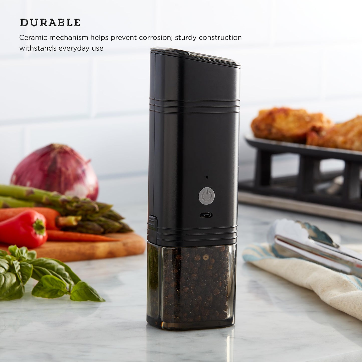 Kamenstein USB Rechargeable Gravity Feed Grinder, Filled With Peppercorns, Black