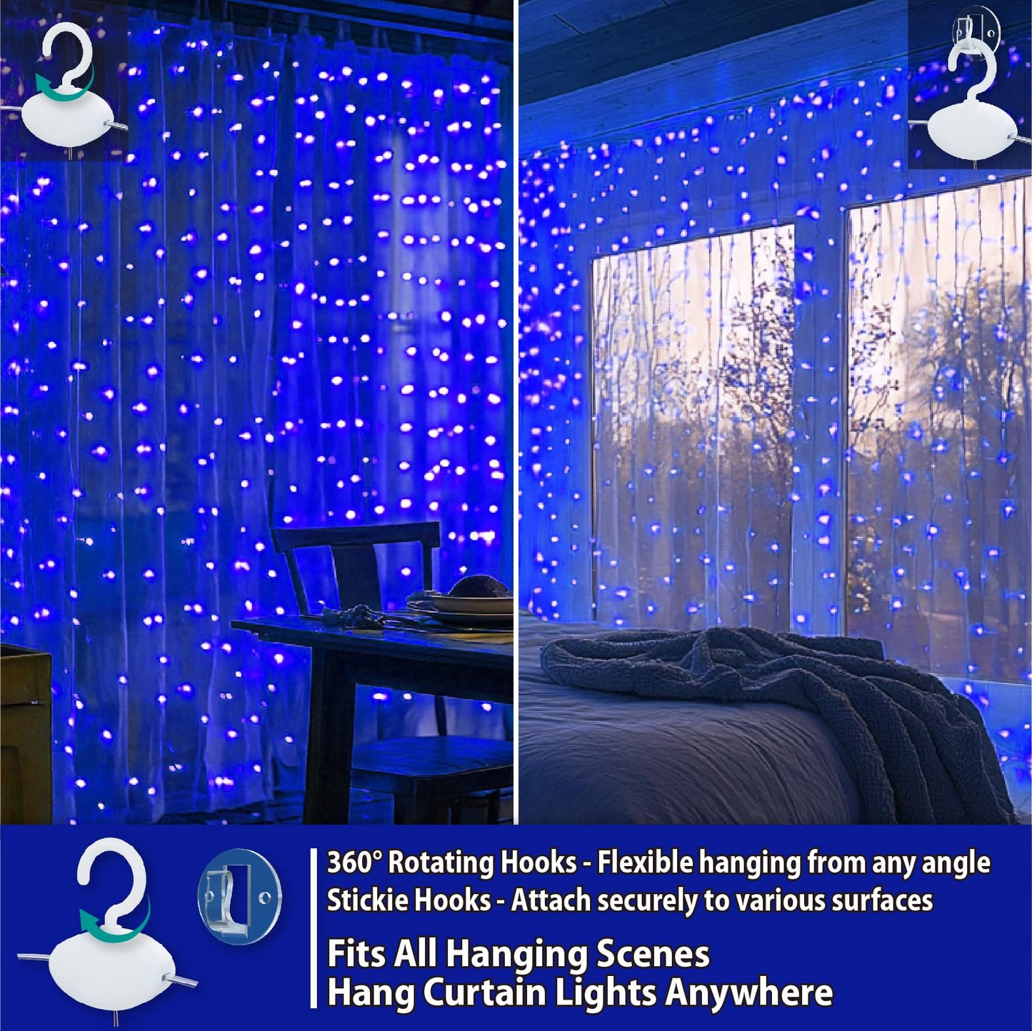 HXWEIYE 300LED Fairy Curtain Lights, 9.8x9.8Ft USB Plug-in 8 Modes Christmas String Hanging Lights with Remote for Bedroom Backdrop Wedding Indoor Wall Decor, Blue, Standard – 1 Pack