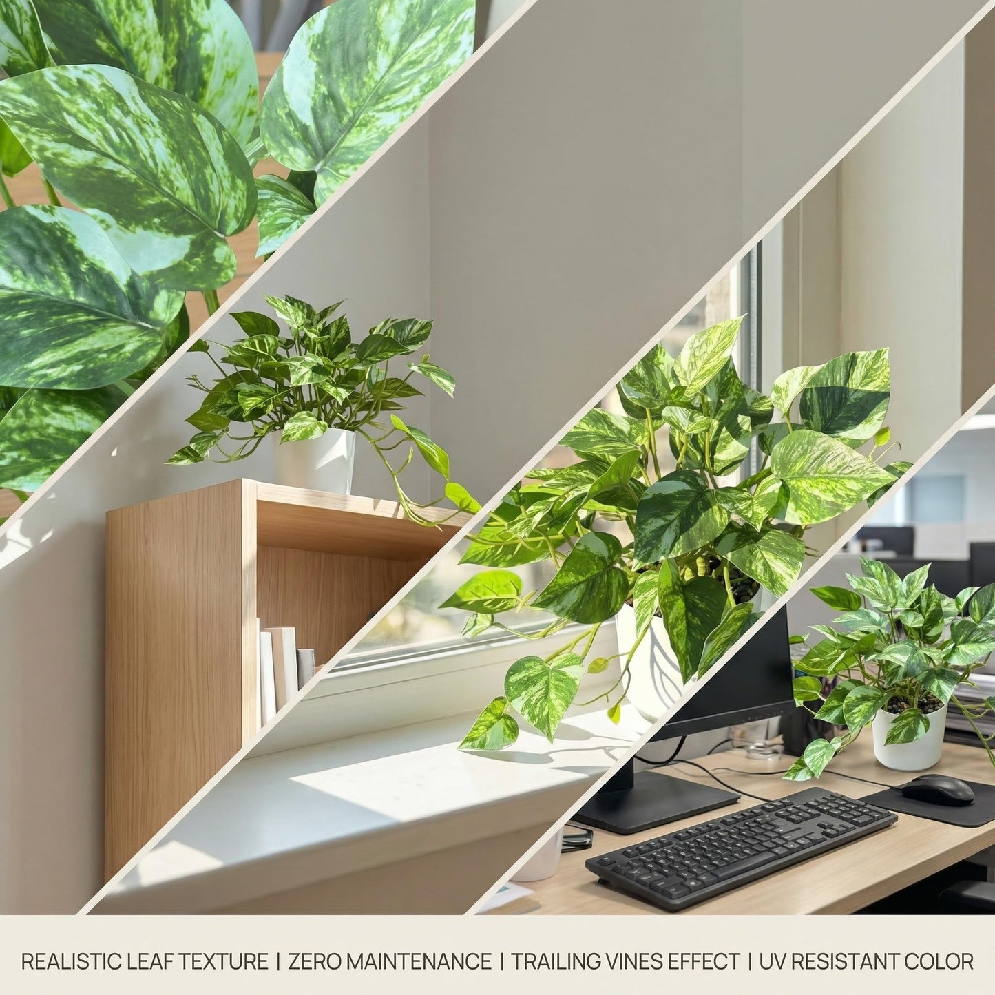 TentoWhan Artificial Plants Faux Pothos with Plastic White Pot Artificial Potted Plant for Home Office Bedroom Indoor Outdoor Decor 1 Pack(Light Green)
