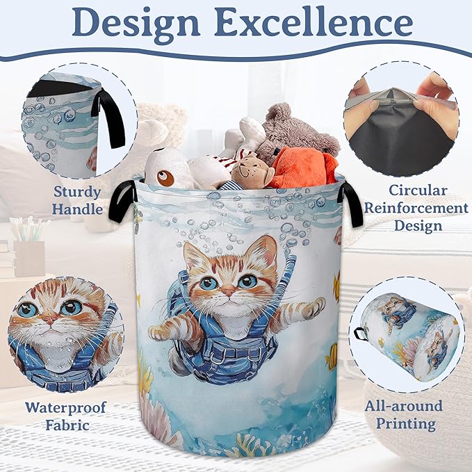 Cute Cat Laundry Basket, Foldable Oxford Cloth Sea Turtle Fish Coral Laundry