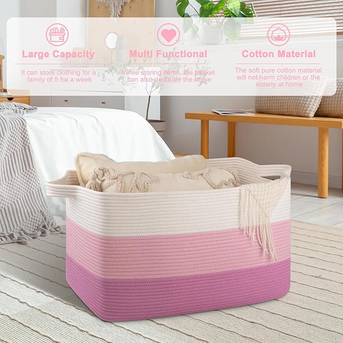 OIAHOMY Extra Large Blanket Basket, 95L Cotton Rope Woven Laundry Basket