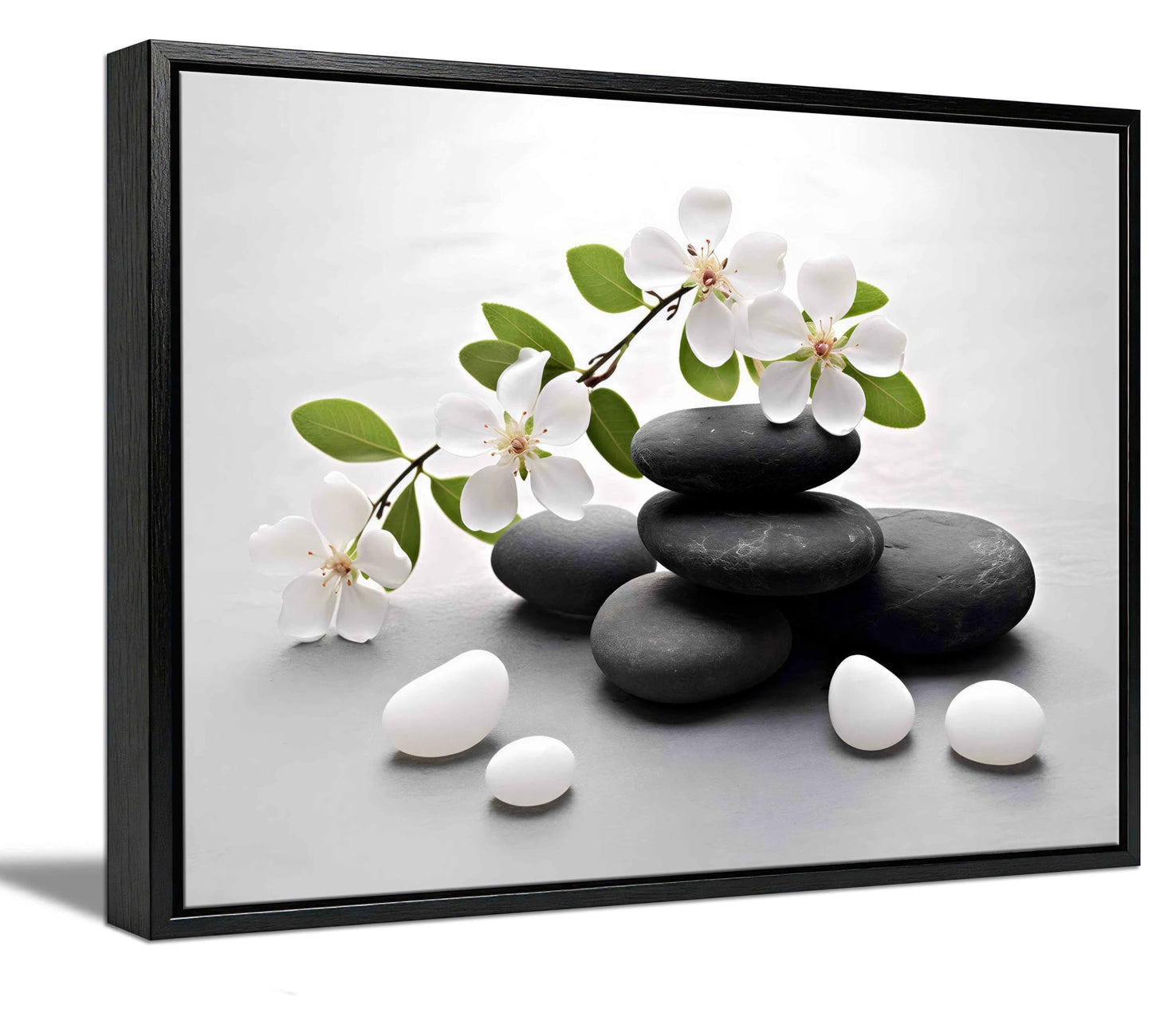 Framed Zen Stone Flower Canvas Wall Art Orchid Flower Black White Zen Stone Picture Wall Decor Still Life Poster Print Artwork for Bathroom Yoga Room Spa Room Meditation Room Office Home Decoration