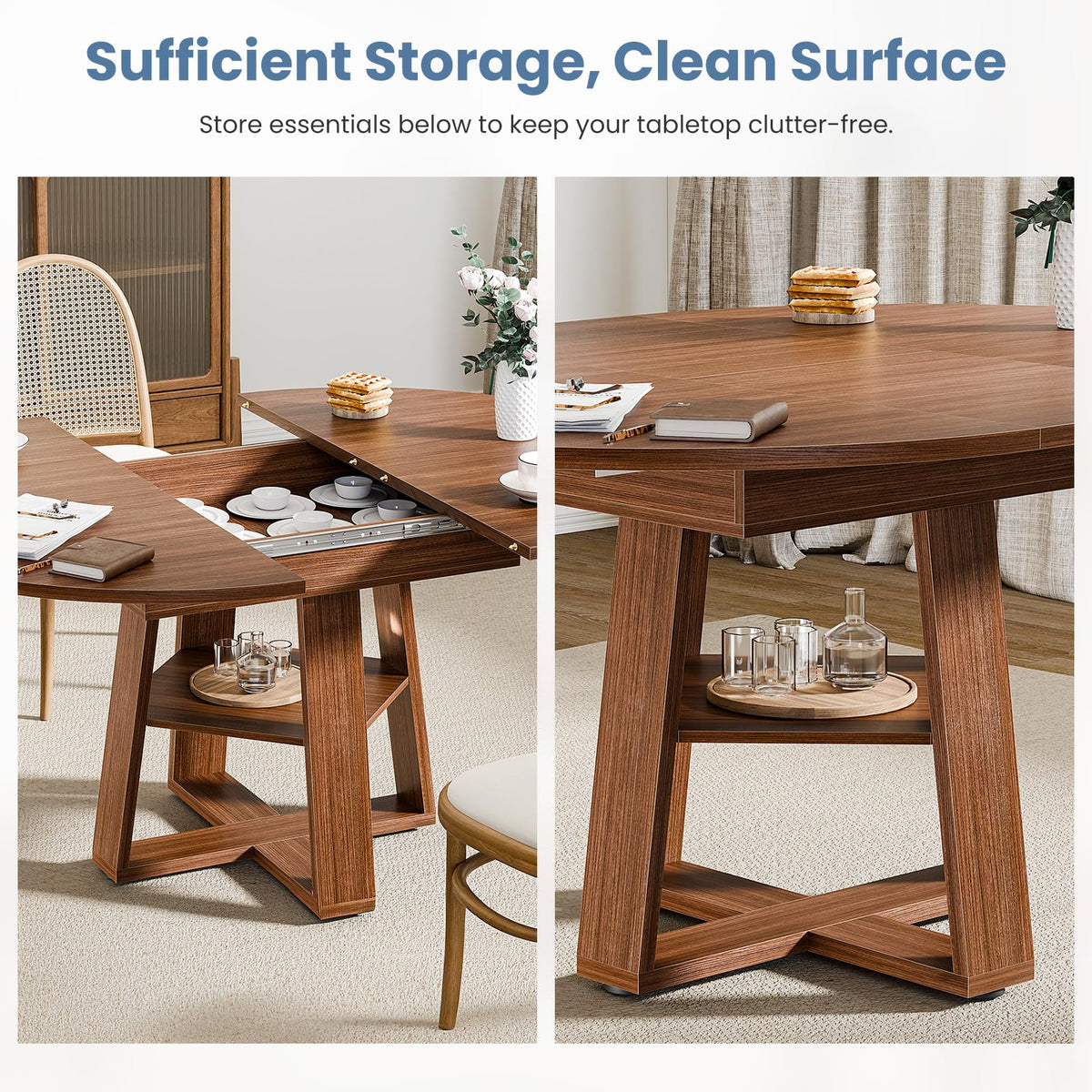 HAPPYMONT Extendable Round Dining Table for 4-8, Space Saving Kitchen Wooden Table with Storage Shelf and Sturdy Base for Kitchen, Dining, Living Room, Brown