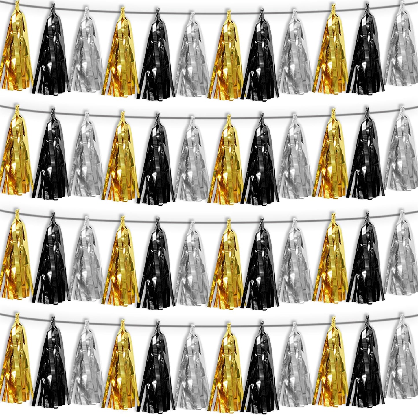 4P Black Gold Silver Tassel Banner Garland Metallic Foil Fringe Banner Tinsel Tassels Streamer Banner Backdrop for Parade Floats, 2025 Graduation Decorations, New Years Decorations,Father' Day