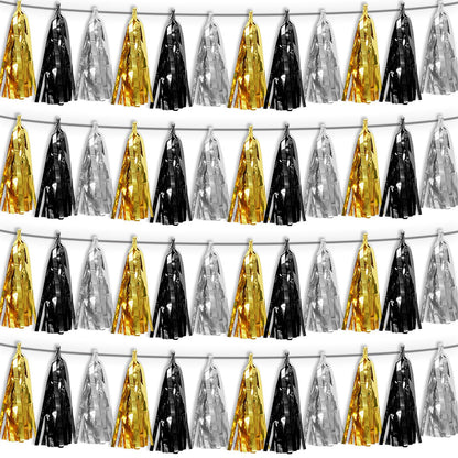 4P Black Gold Silver Tassel Banner Garland Metallic Foil Fringe Banner Tinsel Tassels Streamer Banner Backdrop for Parade Floats, 2025 Graduation Decorations, New Years Decorations,Father' Day