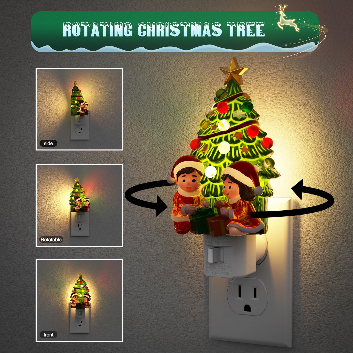 JandCase Christmas Tree & Santa Claus Night Light, 3000K Night Lights Plug into Wall,Cute & Funny Ceramics Christmas Night Light for Kids, 360° Rotatable for Home Party Decor,1 Pack