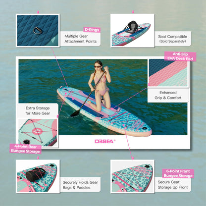 D3SEA 11 ft Inflatable Paddle Board with SUP Accessories, Extra Long Non Slip EVA Deck, Extra Wide iSUP, All Around Paddleboard for Adults &Youth (Seafoam Green Pink Leopard, 11' × 34" × 6")