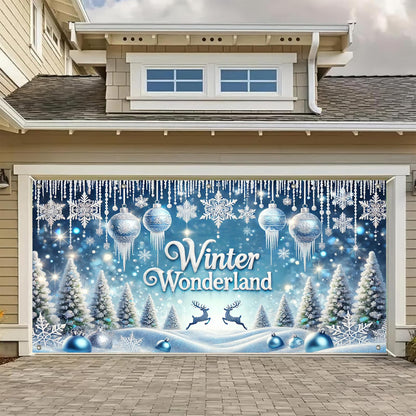 HOMETITUTE Winter Wonderland Garage Door Banner 13x6ft Snowy Landscape Decoration Frost Covered Trees Photo Prop Background for Peaceful Holiday Outdoor Festive Display Party Supplies
