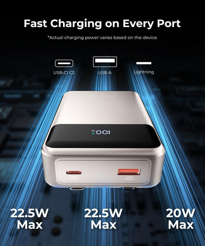 Portable-Charger-Power-Bank Travel Essentials Battery Pack USB C 30000mAh Built in Cable 22.5W Phone Fast Charging Powerbank Compatible with iPhone 16 15 14 13 12 11 iPad Samsung Google Xiaomi