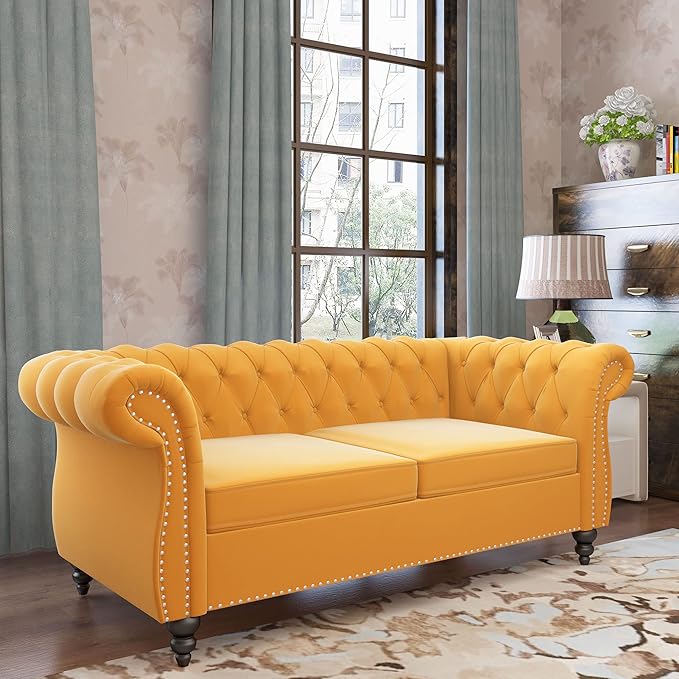 ORRD 2 Piece Living Room Set, Velvet Chesterfield Sofa Loveseat Couch