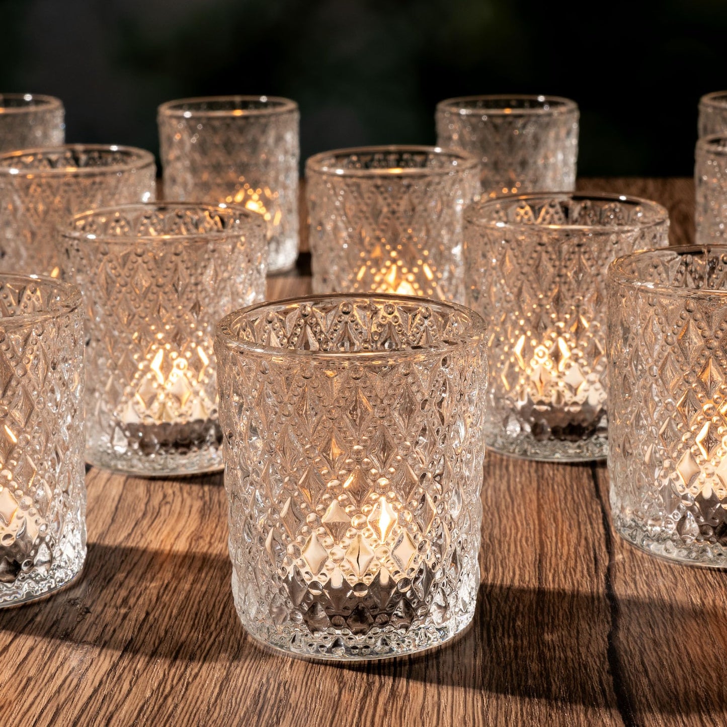 Romcanmy 12Pcs Votive Candle Holders, 2x2.5in Clear Glass Candle Holder with Embossed Diamond for Table Centerpieces, Elegant Small Crystal Tea Light Holders for Wedding Birthday Party Chirstmas Decor