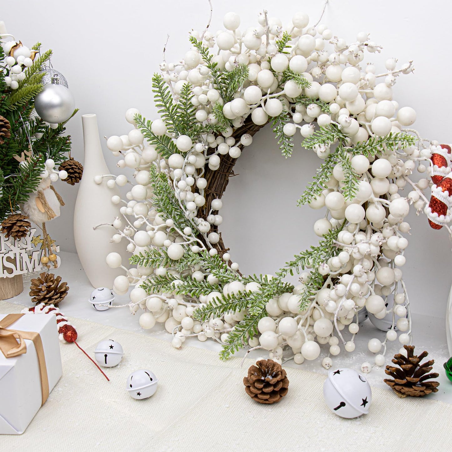 Yawwind 20 Inches White Christmas Wreath Farmhouse Winter Wreath Rustic Winter Wreaths for Front Door with White Berry Fir Pine Needle for Doors Window Indoors Porches Outside