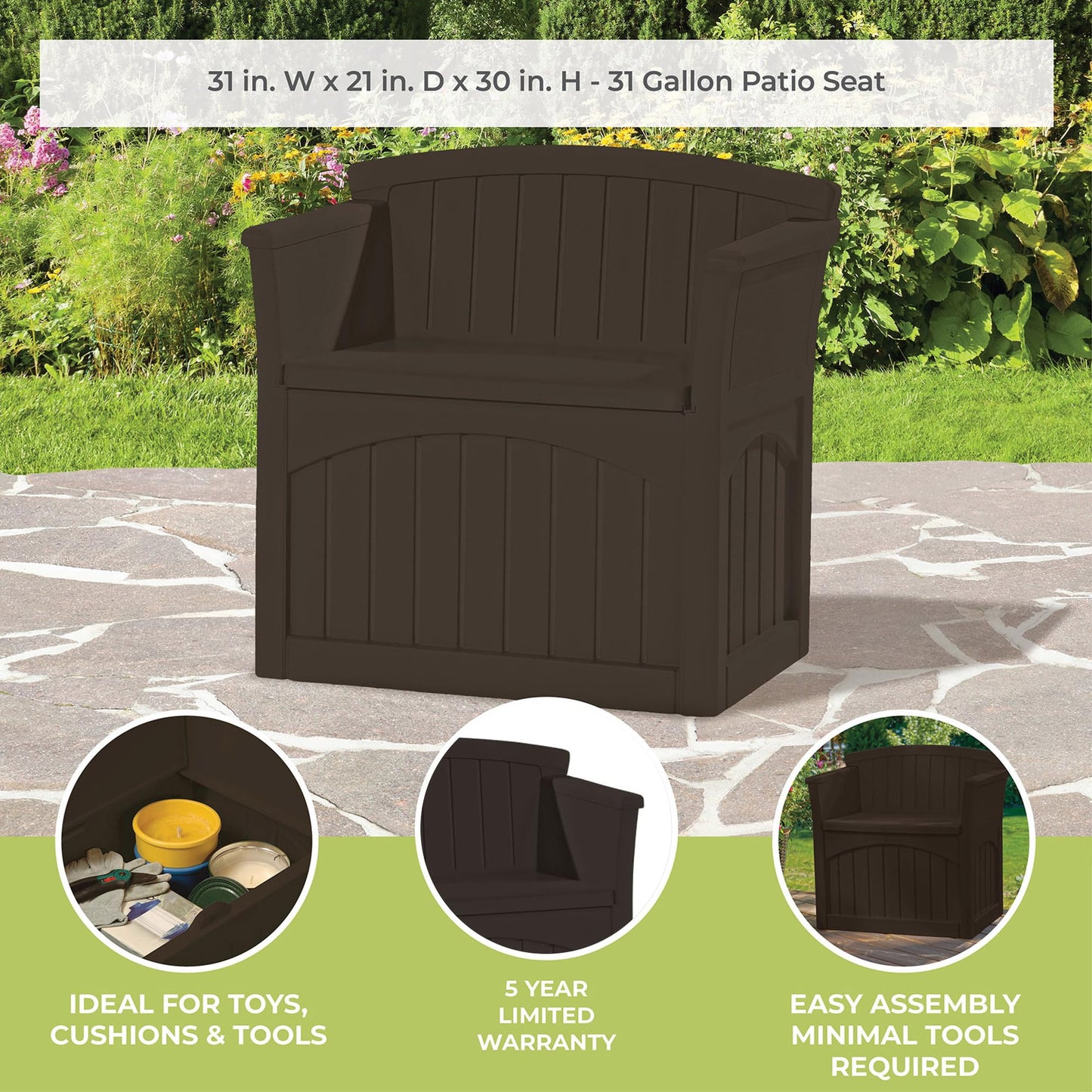 Suncast 31 Gallon Outdoor Backyard Garden Patio Seat Storage and Bench Chair with Arm Rest, Java