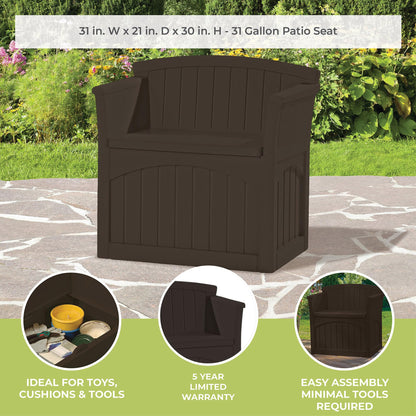 Suncast 31 Gallon Outdoor Backyard Garden Patio Seat Storage and Bench Chair with Arm Rest, Java