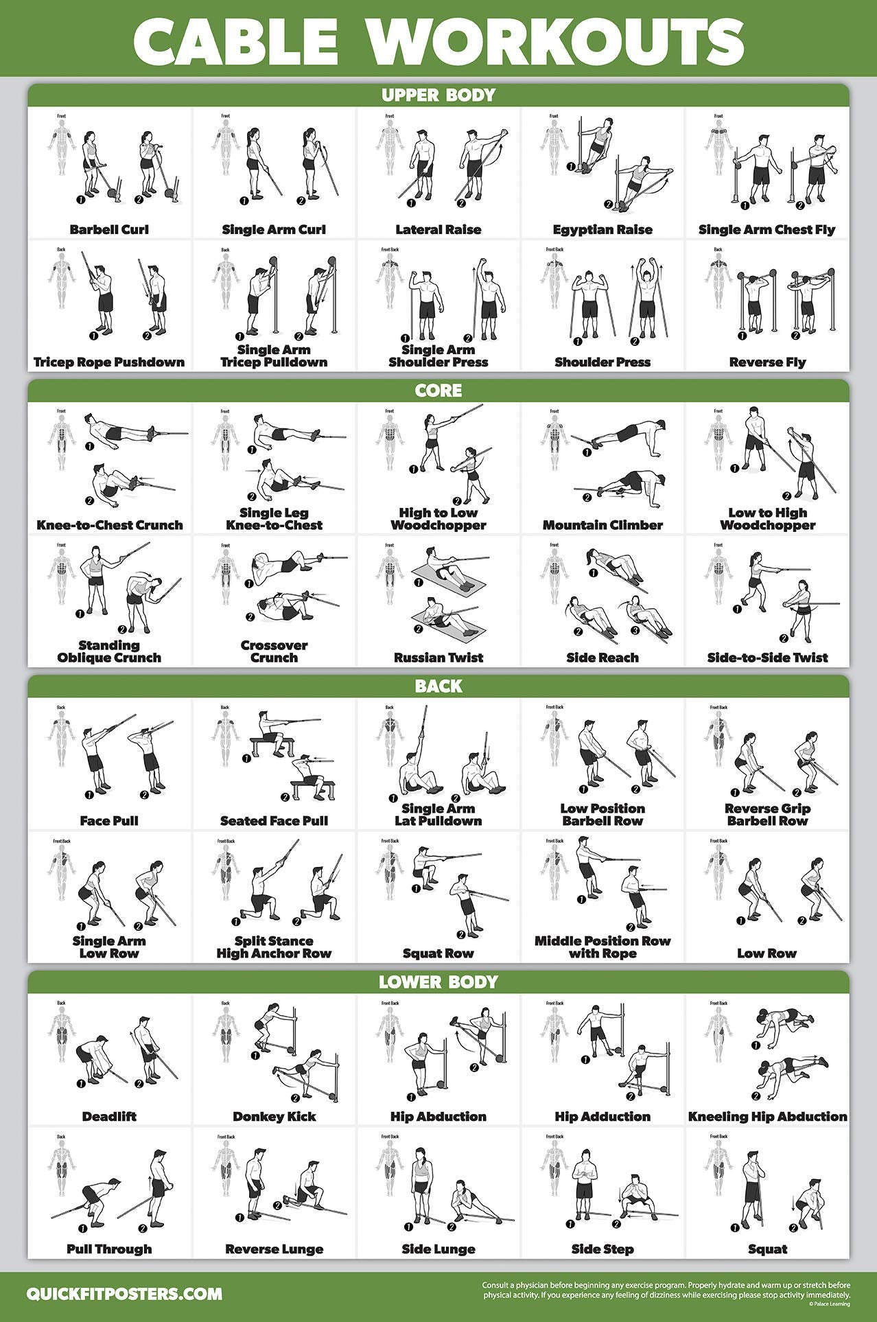 QUICKFIT Workout Poster Cable Machine, an Exercise Chart for Cable Training Station, Laminated, Gym, 18" x 24"