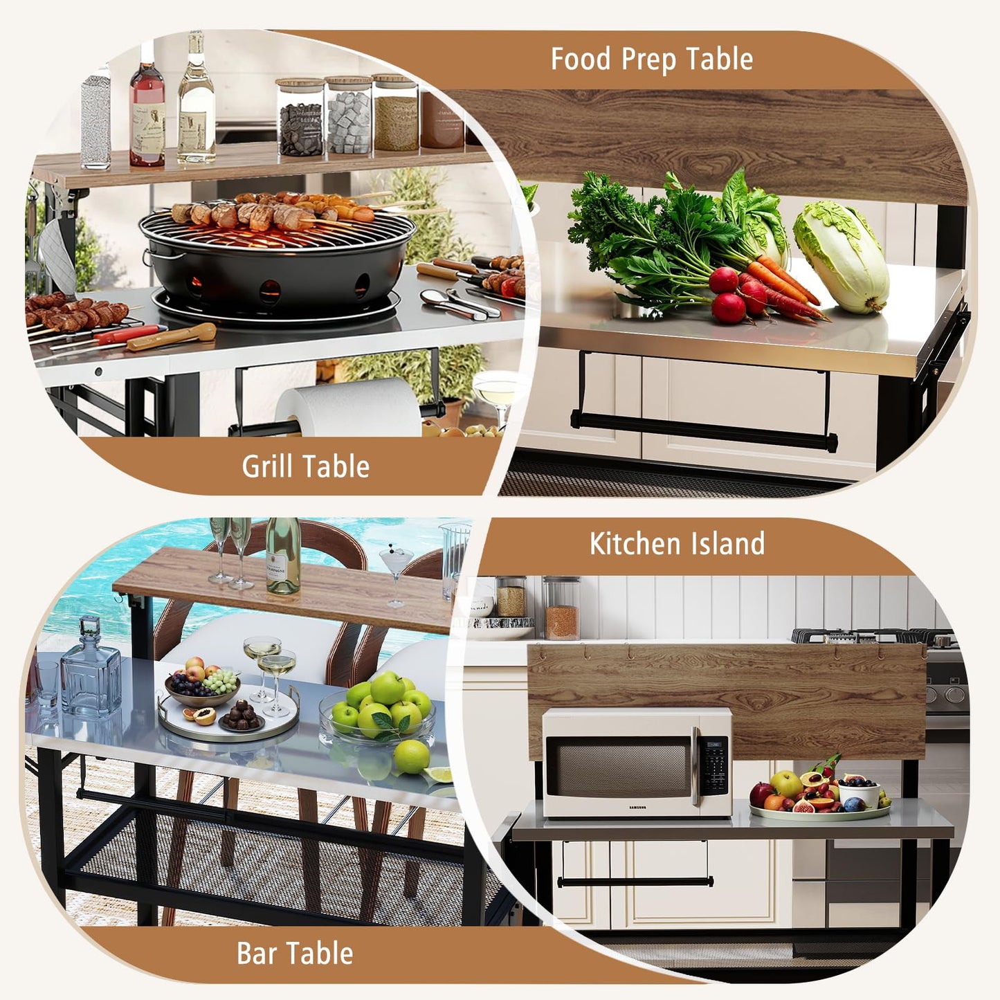 Giantex Outdoor Bar Table with Flip-Up Top & Foldable Side Table, 4-Tier Grill Stand with Storage Shelves, Hooks, Paper Towel Holder, Patio Kitchen Island Food Prep Cooking Station