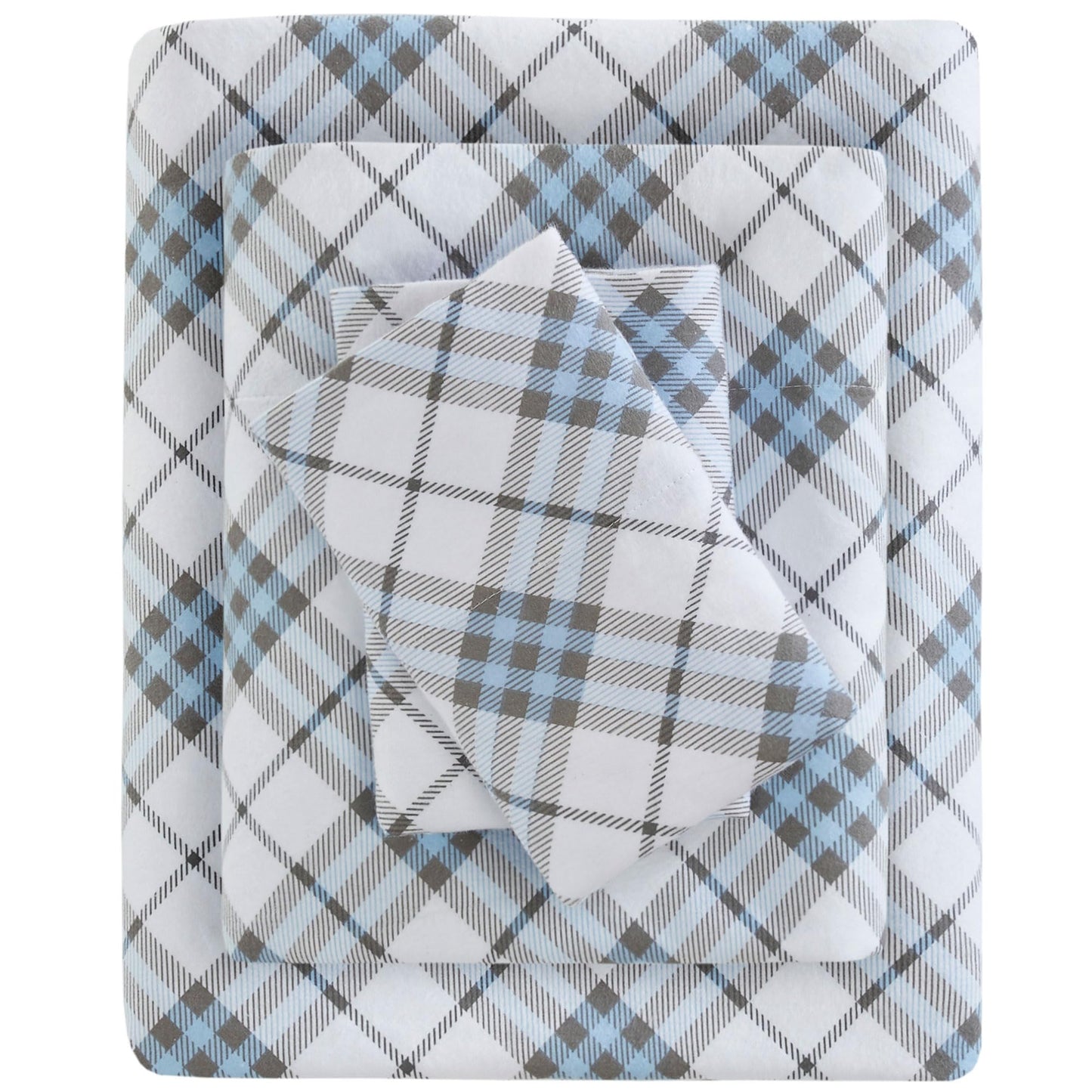 True North by Sleep Philosophy Cozy Flannel Warm 100% Cotton Sheet - Novelty Print Animals Stars Cute Ultra Soft Cold Weather Bedding Set, Queen, Blue Plaid 4 Piece