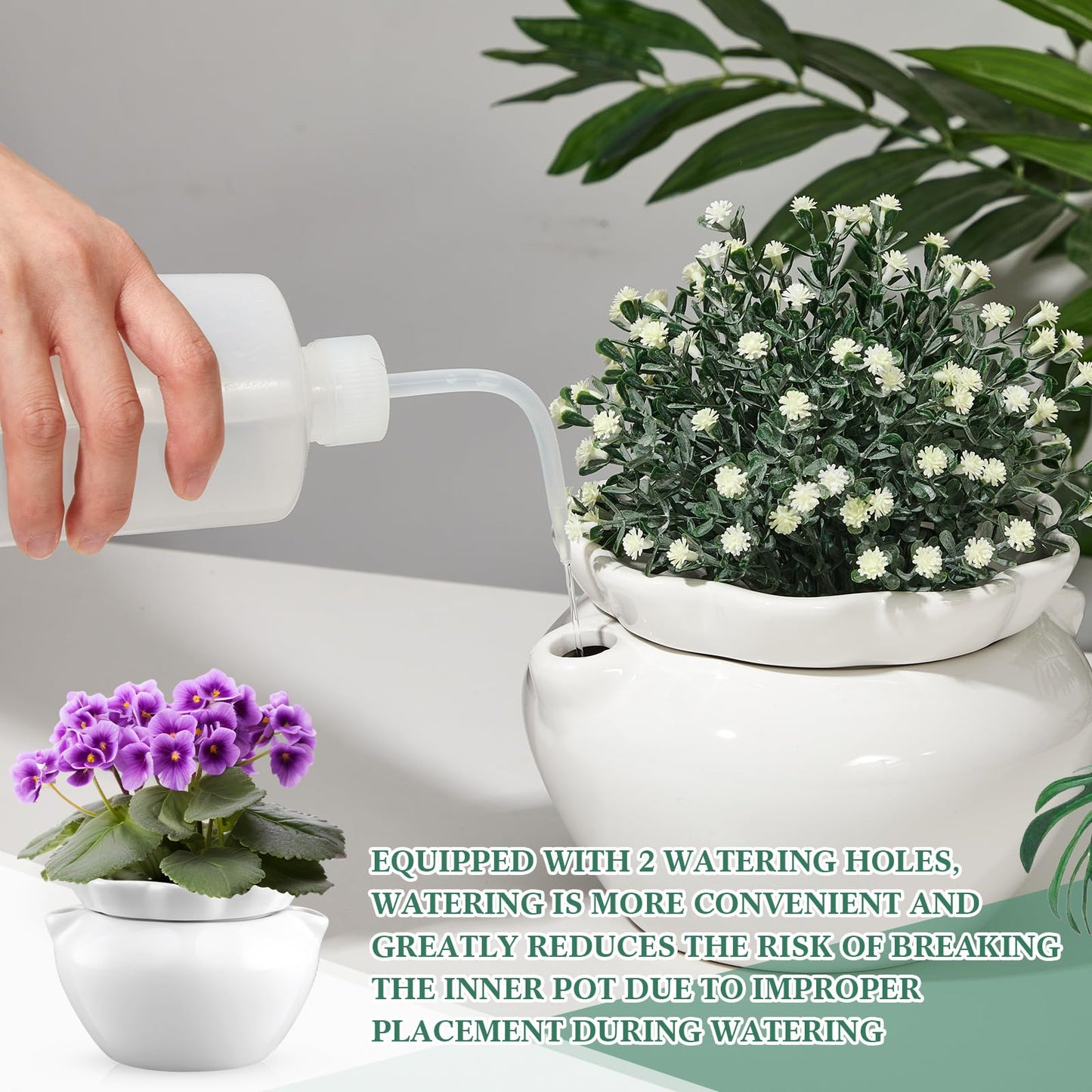 Sunnychicc 1 Set 7.5 Inches African Violet Pots Self Watering White Ceramic Pot for Indoor Plants, Flowerpot with Highly Absorbent Inner Pot for Busy Plant Lovers, Plant Care