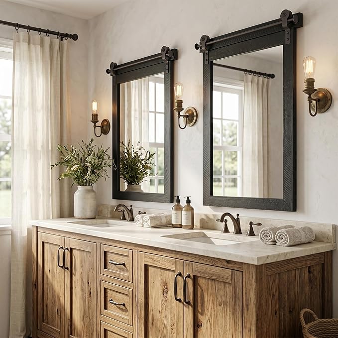 24"x36" Black Barn Door Wall Mirror, Solid Wood Framed Rustic Accent Mirror