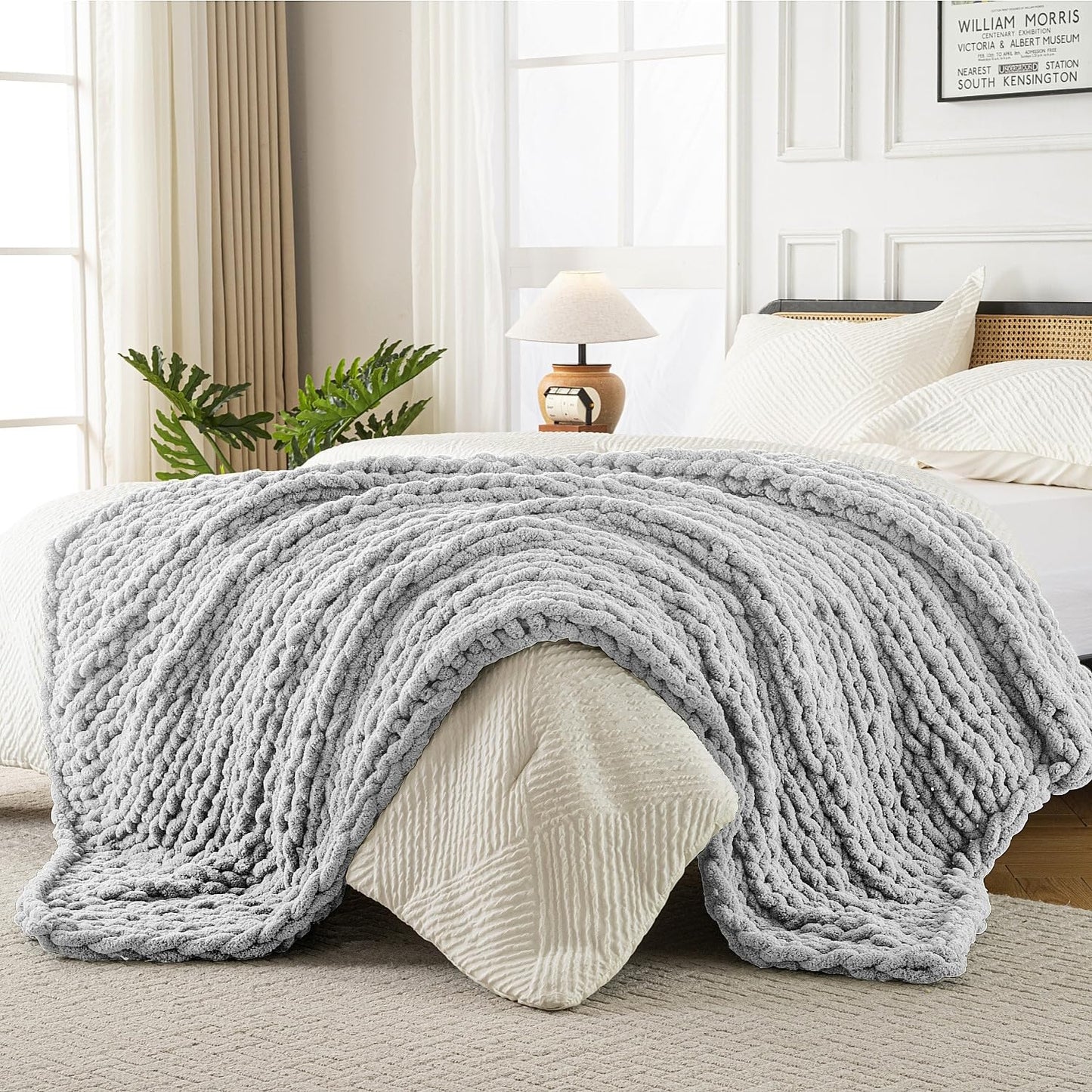 Ultra Soft Chunky Knit Throw Blanket 50x70 Hand Knitted Warm Chenille Throw Blanket, Home Decor Soft Thick Yarn Cable Knit Blanket Breathable Fleece Banket Christmas for Couch Bed Sofa Best Gift